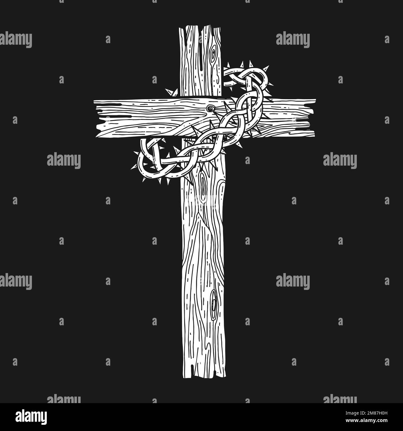 Illustrazione vettoriale disegnata a mano per Pasqua. Una croce di legno con una corona di spine. Simbolo della crocifissione e risurrezione del Signore Gesù Chris Illustrazione Vettoriale