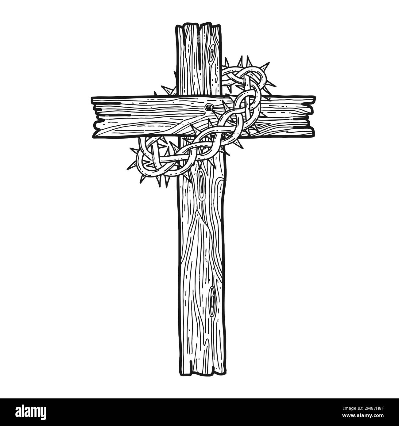 Illustrazione vettoriale disegnata a mano per Pasqua. Una croce di legno con una corona di spine. Simbolo della crocifissione e risurrezione del Signore Gesù Chris Illustrazione Vettoriale