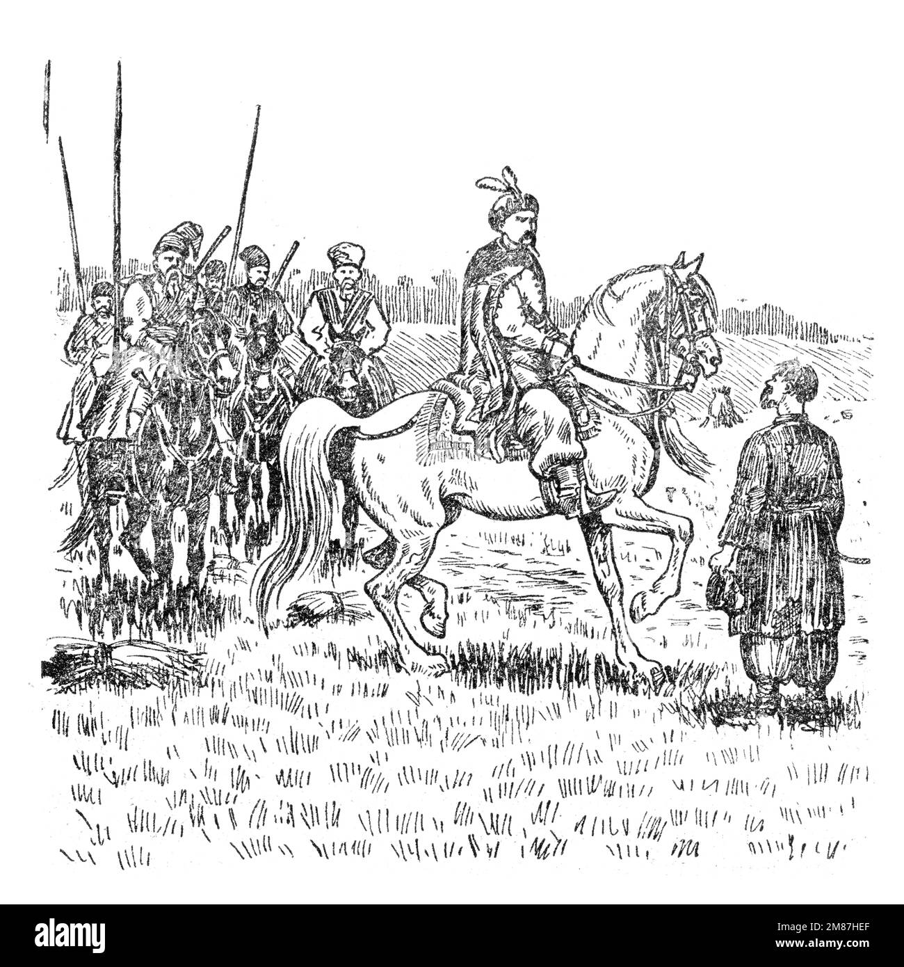 Illustrazione dal libro Bohdan Khmelnytskyi, M. Starytskyi. CIRCA 1647: Conversazione di Bohdan Khmelnytsky con un contadino sulla sua vita. Dietro il Foto Stock