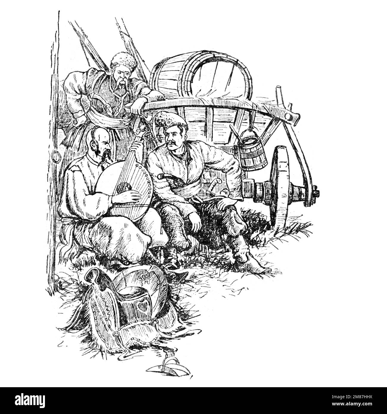Illustrazione dal libro Bohdan Khmelnytskyi, M. Starytskyi. CIRCA 1647: Un vecchio Cossack suona la bandura e canta una canzone. I compagni ascoltano rispettoso Foto Stock