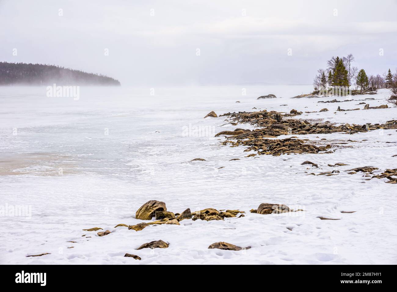 Inverno. Giornata fredda sul lago settentrionale. Paesaggio naturale Foto Stock