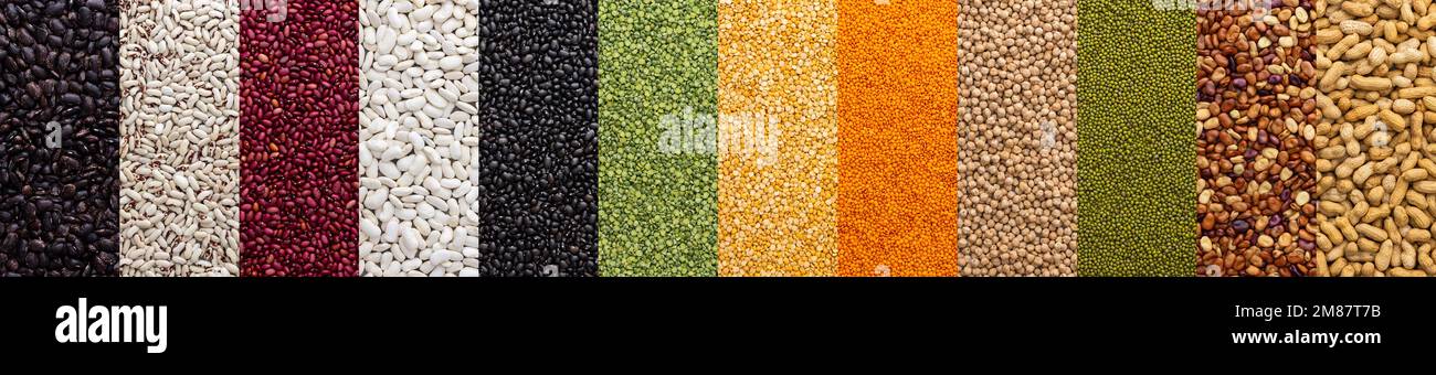 Banner di diversi tipi di legumi, ceci e piselli, fagioli e lenticchie colorate, fagioli e arachidi, vista dall'alto Foto Stock