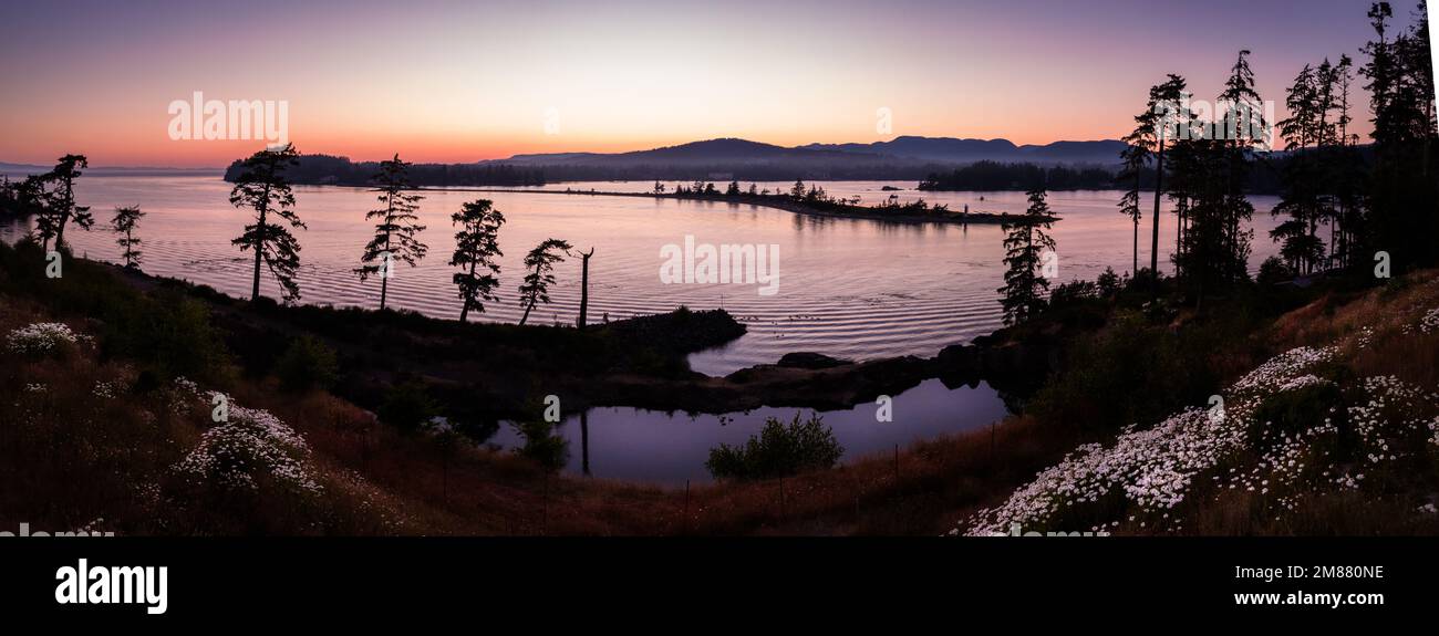 Foto aerea, tramonto tranquillo sull'oceano, Whiffen Spit, Sooke, Isola di Vancouver Foto Stock
