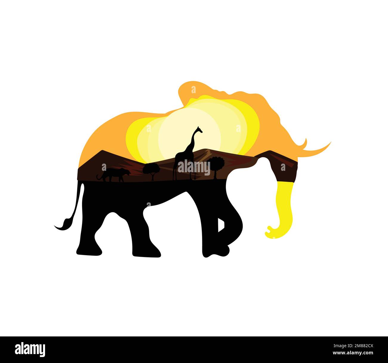 Paesaggio africano in silhouette di elefante Illustrazione Vettoriale