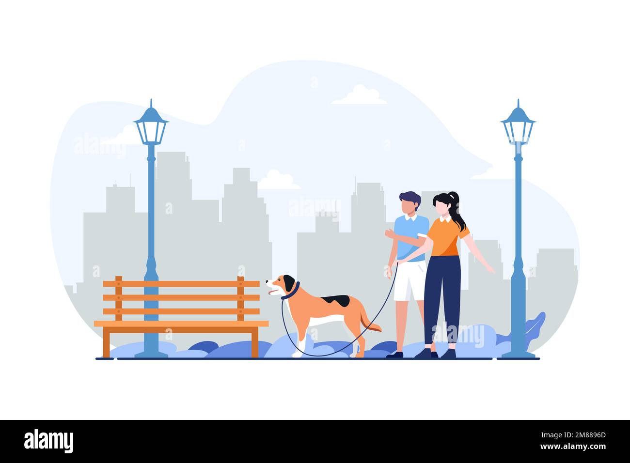 Felice nuova famiglia o coppia camminando con un cane. Design con illustrazione piatta per la vita familiare e le attività con animali domestici. Può essere utilizzato per il Web o l'applicazione e. Illustrazione Vettoriale