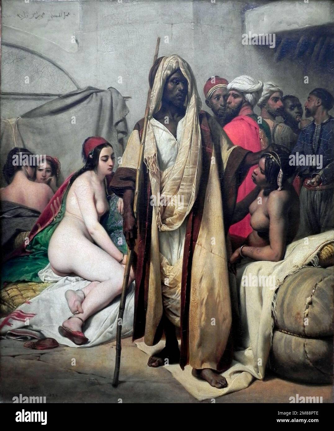 Il mercato degli schiavi dipinto da Horace Vernet, che mostra un mercante di schiavi che ispeziona le giovani donne schiavi su un mercato degli schiavi Foto Stock