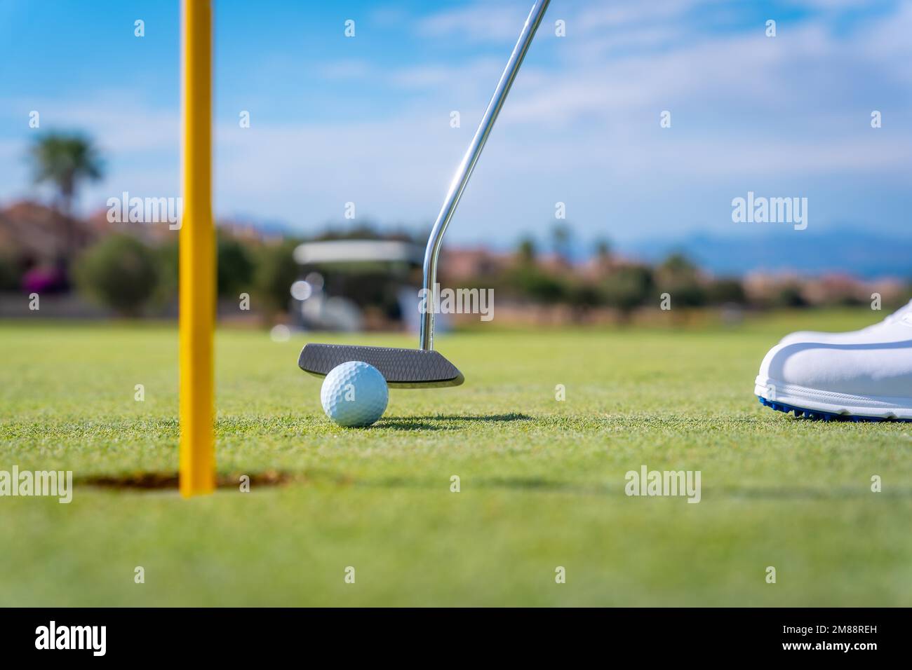 Dettaglio di un uomo che gioca a golf, mettendo la palla nel buco sul verde con il putter Foto Stock