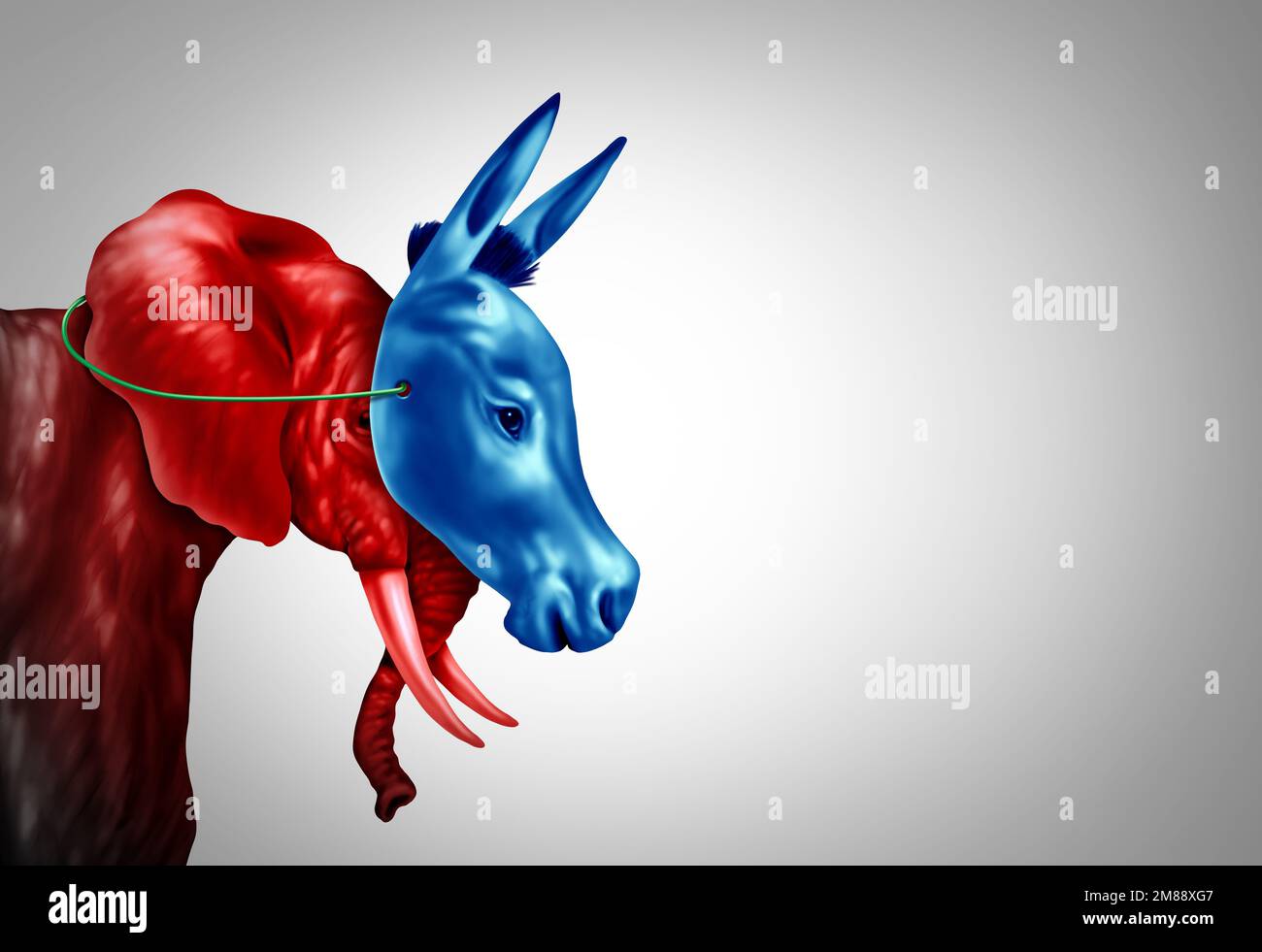 Falso Progressive o armadio liberale come un elefante rosso fingendo o mascherando come un asino blu in una campagna elettorale americana come un simbolo Foto Stock