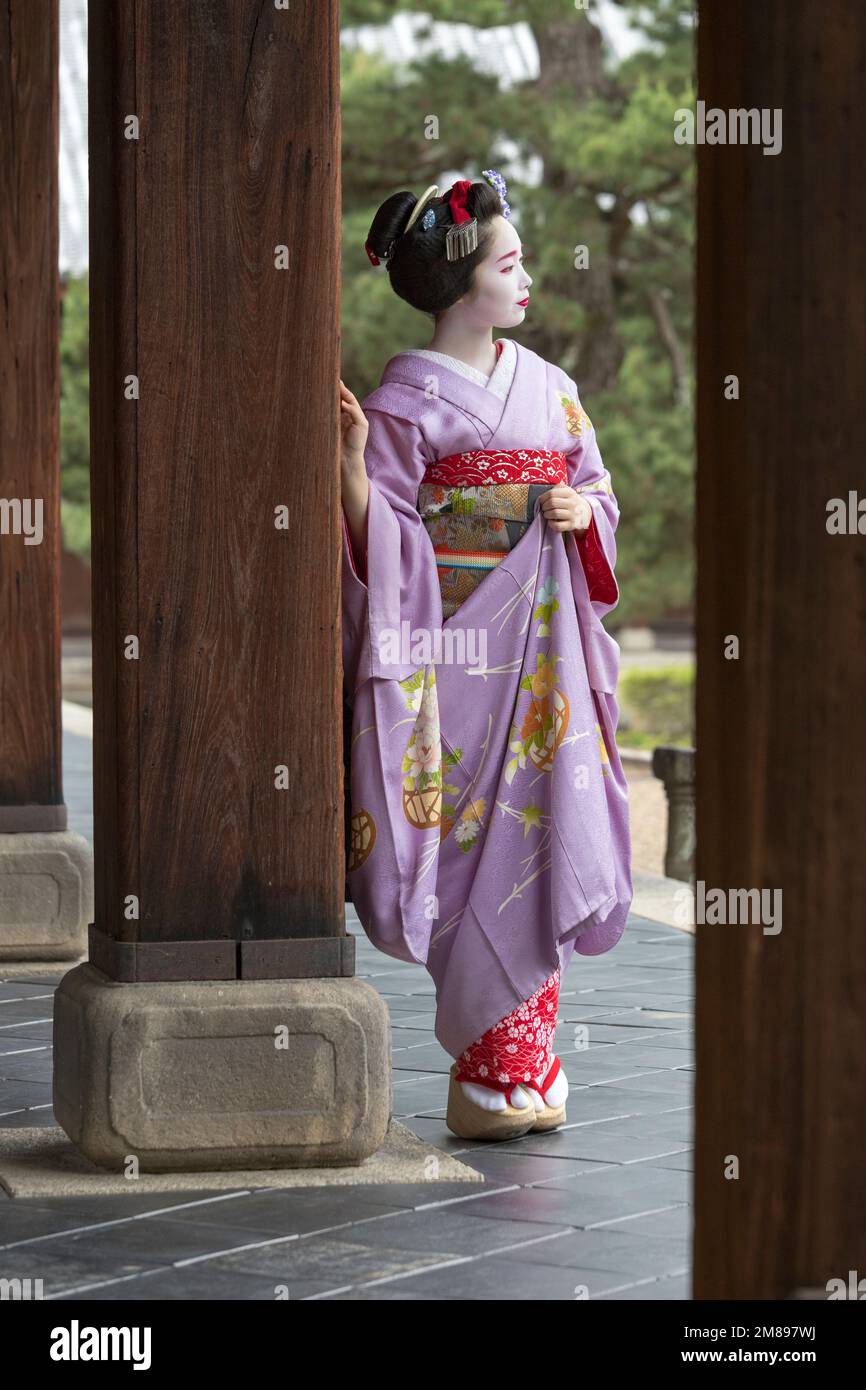 Una maiko e geisha sparare al tempio Manpakuji, Kyoto Foto Stock