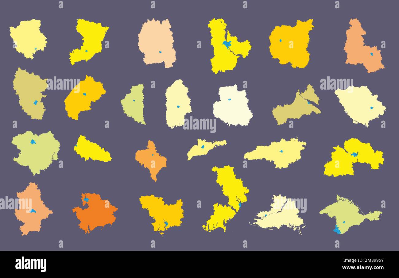 Divisioni amministrative dell'Ucraina - mappe delle regioni dell'Ucraina - oblasti con i loro centri amministrativi, repubblica autonoma e città con spec Illustrazione Vettoriale