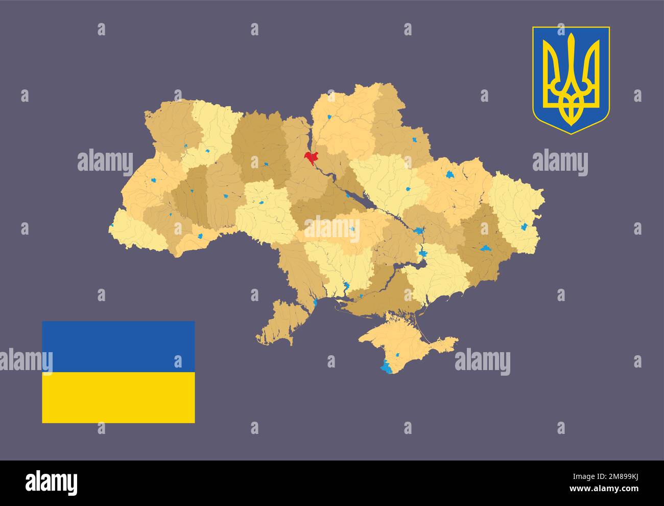 Mappa dell'Ucraina con oblasti e piccole mappe dei loro centri amministrativi (in blu), stemma dell'Ucraina e bandiera dell'Ucraina. Fiumi e laghi a Illustrazione Vettoriale