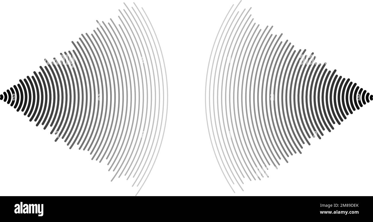 Eco dell'onda sonora. Segnali audio radio o musicali. Icone dell'epicentro o del radar. Segnale radiale o elementi di vibrazione. Linee della curva di impulso. Ondulazione concentrica Illustrazione Vettoriale