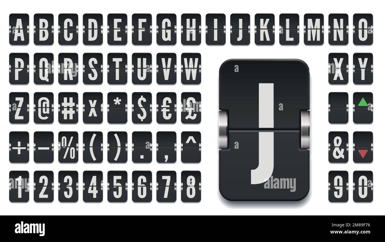 Carattere normale dell'alfabeto nero del tabellone segnapunti con i numeri per le informazioni sui tassi di cambio o il messaggio pubblicitario. illustrazione vettoriale. Illustrazione Vettoriale
