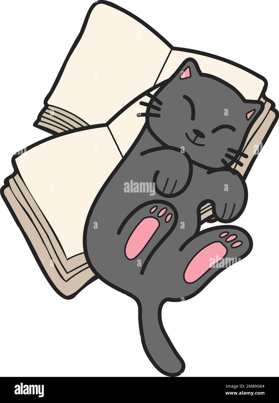 Gatto disegnato a mano che giace su una pila di libri illustrazione in stile doodle isolato sullo sfondo Illustrazione Vettoriale