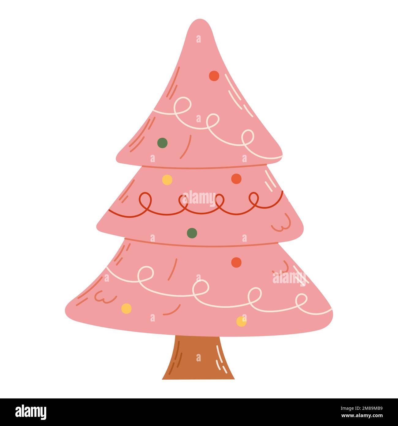 Albero di Natale con decorazioni. Concetto di celebrazione di Natale e Capodanno. Ideale per biglietti d'auguri, inviti, banner, web design. Illustrazione Vettoriale