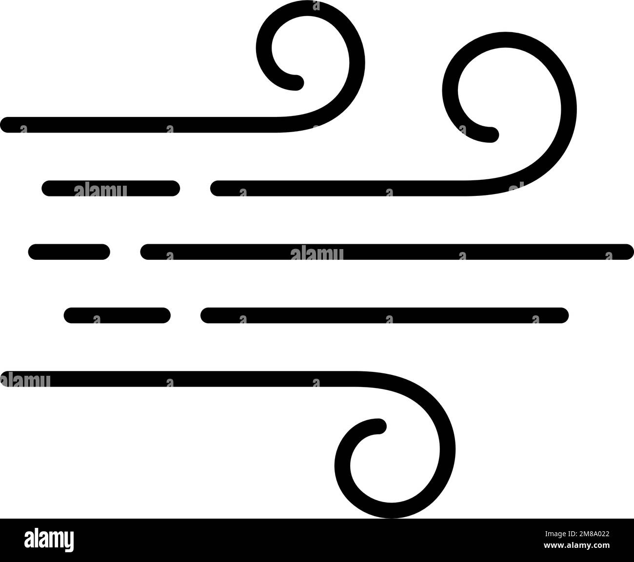 Icona della linea di ventilazione. Segnale flat del flusso d'aria. Simbolo del tempo ventoso. Elemento di disegno di fotoricettore di clima. Icona della linea arricciata. Illustrazione vettoriale isolata su bianco Illustrazione Vettoriale