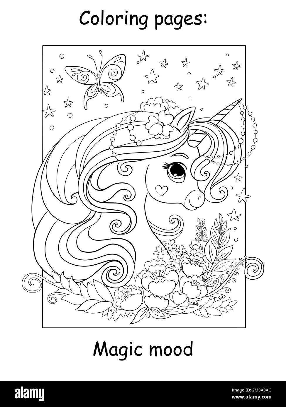Carino ritratto ornato unicorno con fiori e farfalle. Pagina libro da colorare per bambini. Illustrazione del cartoon vettoriale su sfondo bianco. Disegno lineare. F Illustrazione Vettoriale