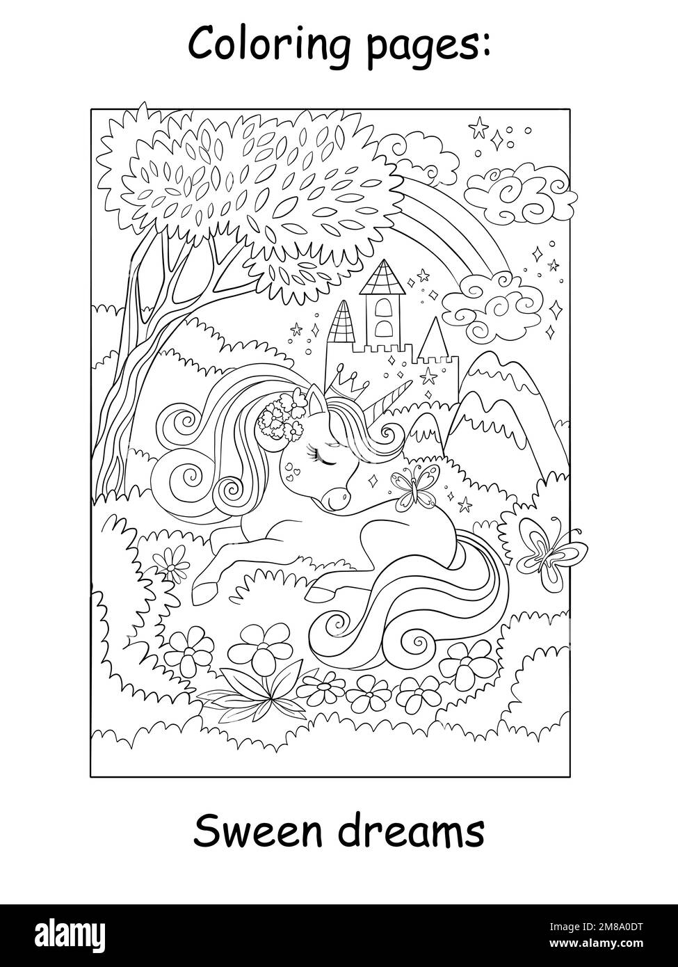 La principessa simpatica unicorno sogna in un prato di fiori. Pagina libro da colorare per bambini. Illustrazione del cartoon vettoriale su sfondo bianco. Disegno lineare. Per colorina Illustrazione Vettoriale