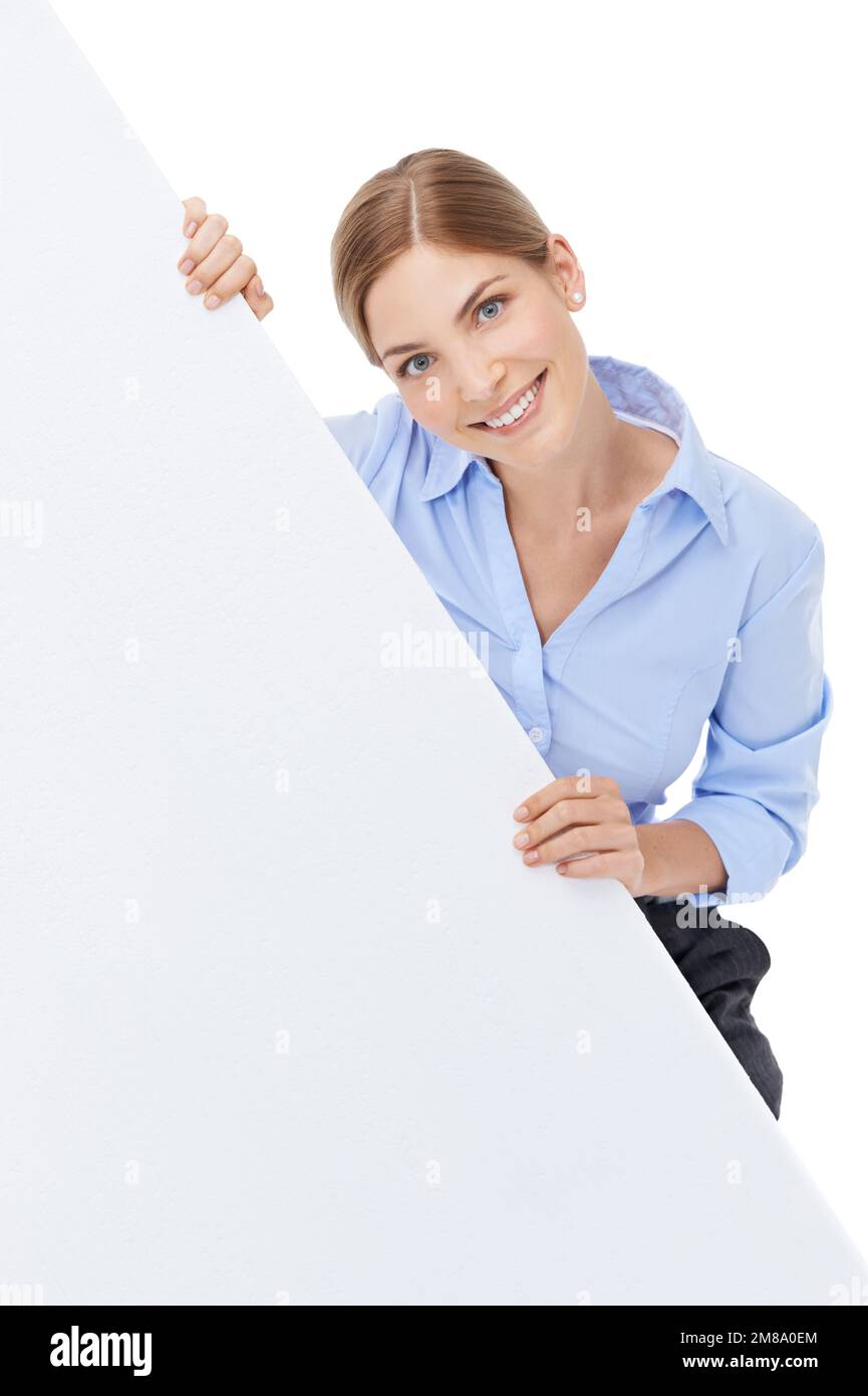 Donna d'affari, ritratto e pubblicità poster spazio, cartellone o mockup segno per branding banner. Felice femmina con annuncio del marchio, prodotto Foto Stock