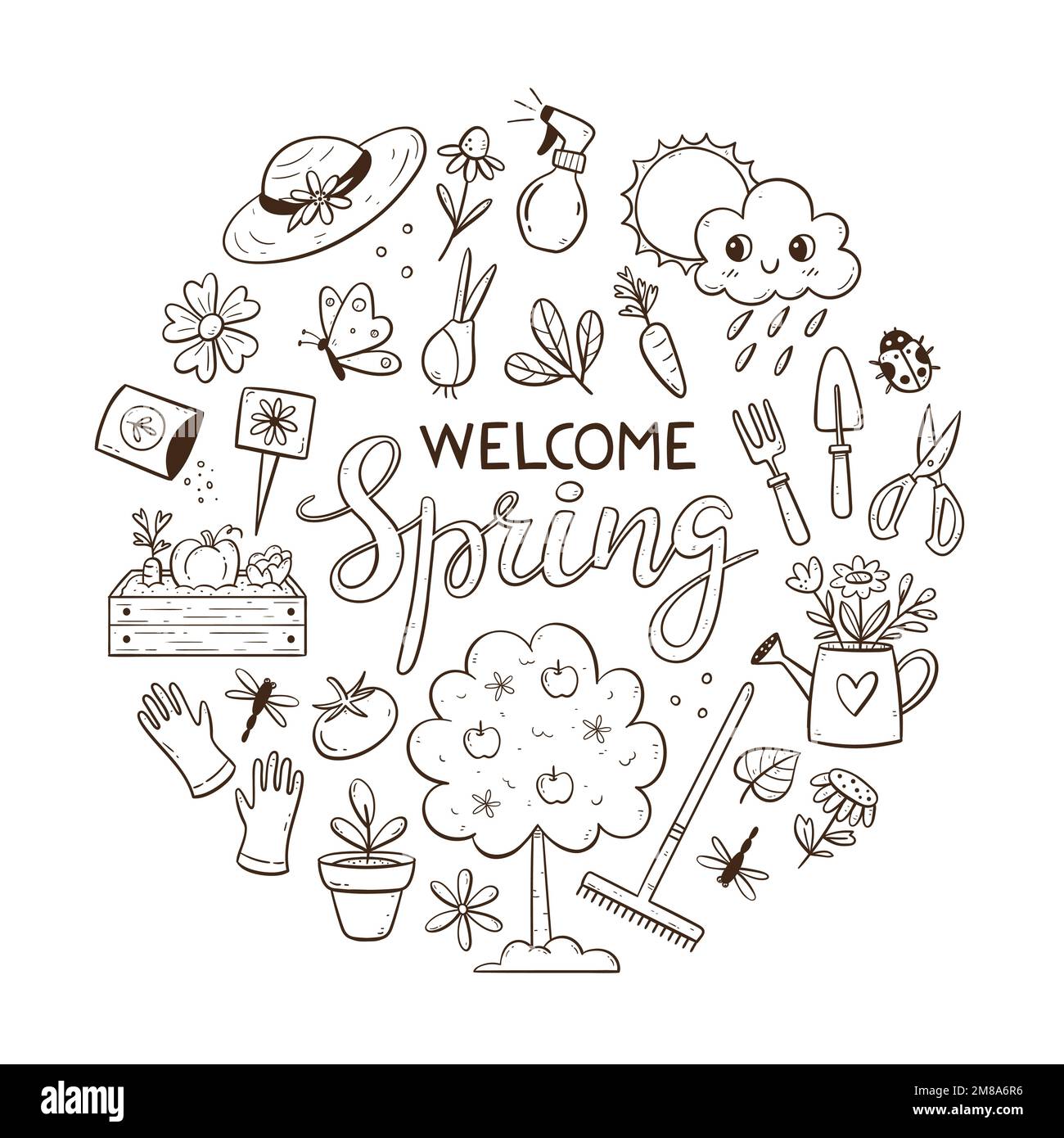 Fondo stagionale disegnato a mano con elementi da giardinaggio. Attrezzi da giardinaggio, piante e fiori. Illustrazione del vettore Doodle con elementi isolati. Illustrazione Vettoriale