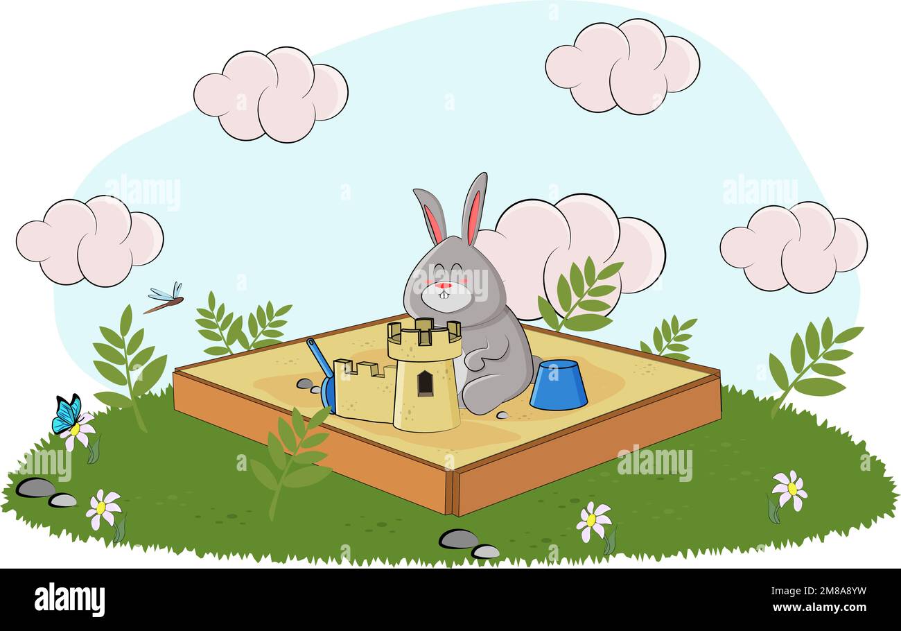 il coniglietto carino ha fatto un palazzo nel sandbox e ne ha fatto pietà Illustrazione Vettoriale