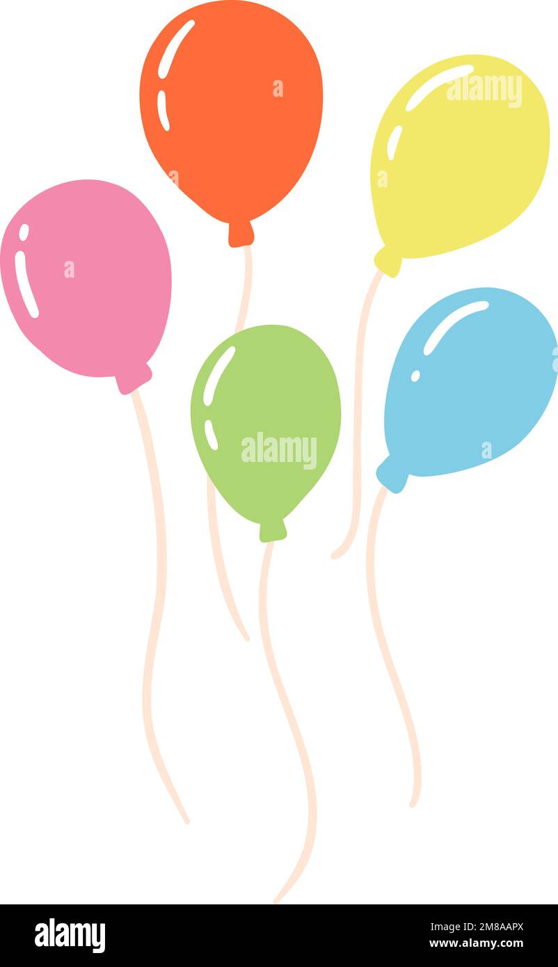 Palloncini colorati disegnati a mano in stile piano cartoon. illustrazione  vettoriale della decorazione di compleanno o di festa, palloncino volante  con corda Immagine e Vettoriale - Alamy