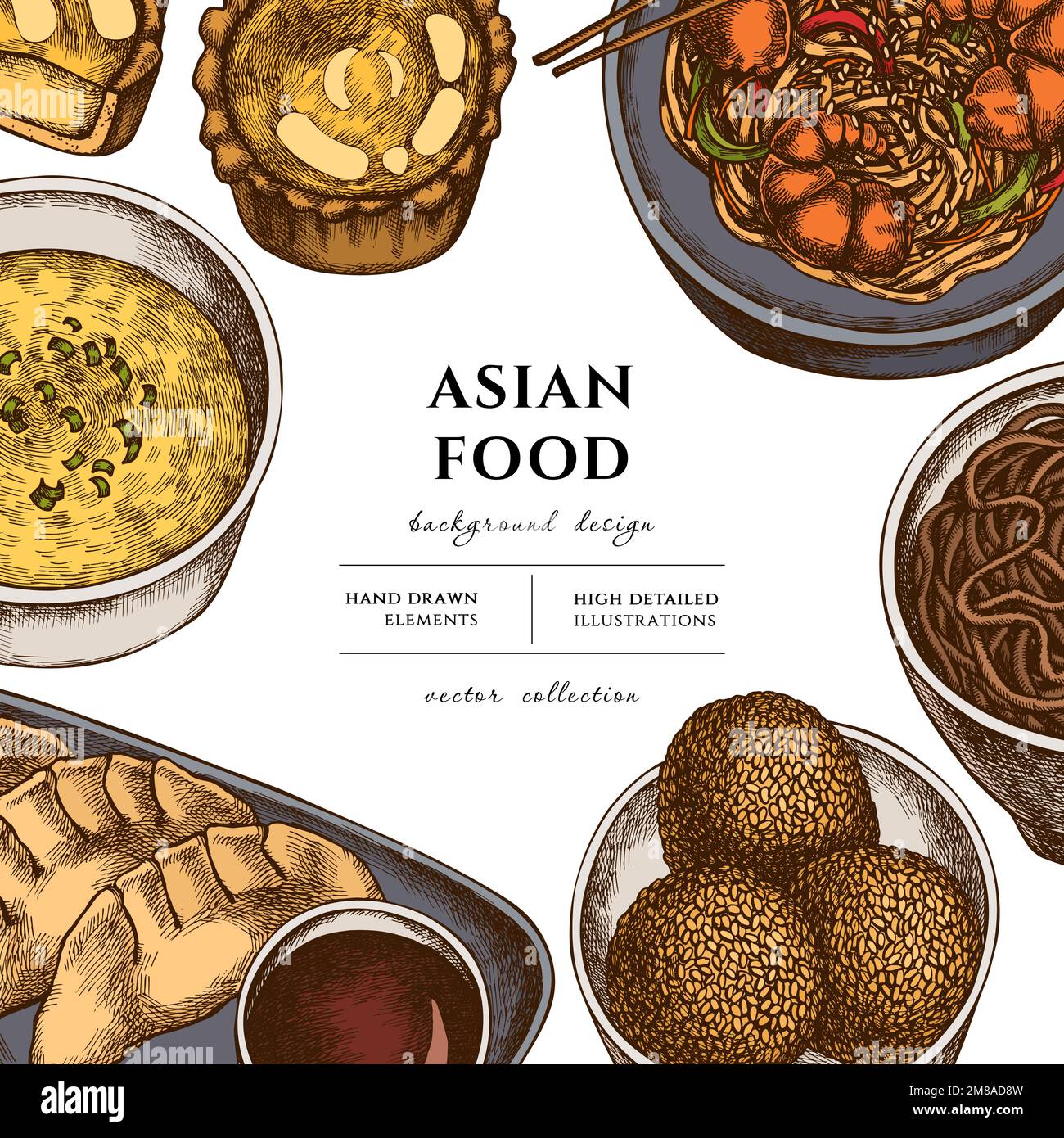 Disegno di illustrazione disegnato a mano dell'alimento asiatico. Sfondo con retrò jiaozi, jian dui, crostata d'uovo, tagliatelle con gamberi, zuppa d'uovo, ciotola di tagliatelle. Illustrazione Vettoriale