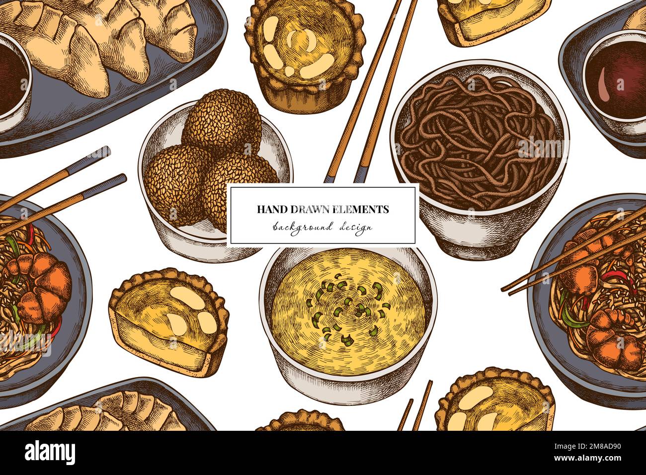 Cibo asiatico senza cuciture modello di sfondo design. Stile inciso. Jiaozi, jian dui, crostata d'uovo, tagliatelle di gamberetti, zuppa d'uovo, ciotola di tagliatelle. Illustrazione Vettoriale
