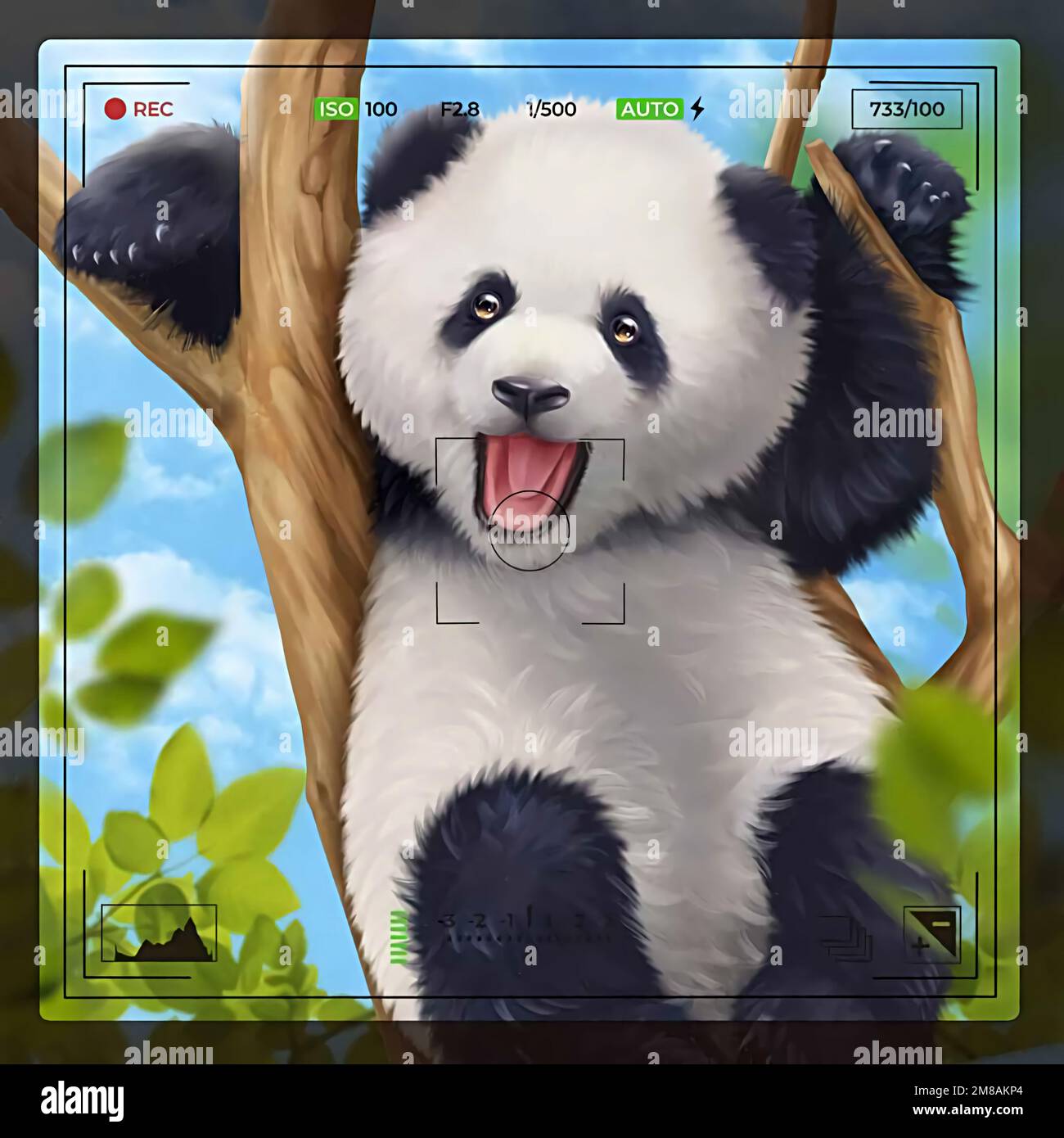 illustrazione ritratto di un simpatico panda su un ramo di albero Foto Stock