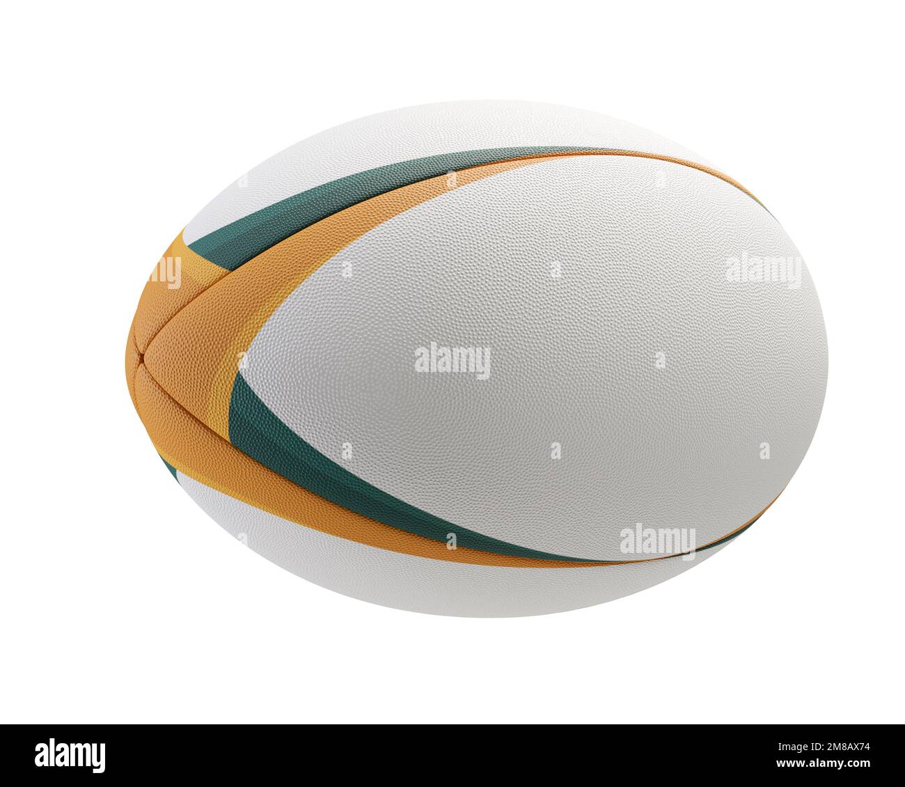 Una palla rugby bianca testurizzata con elementi di design colorati su uno sfondo isolato - rendering 3D Foto Stock