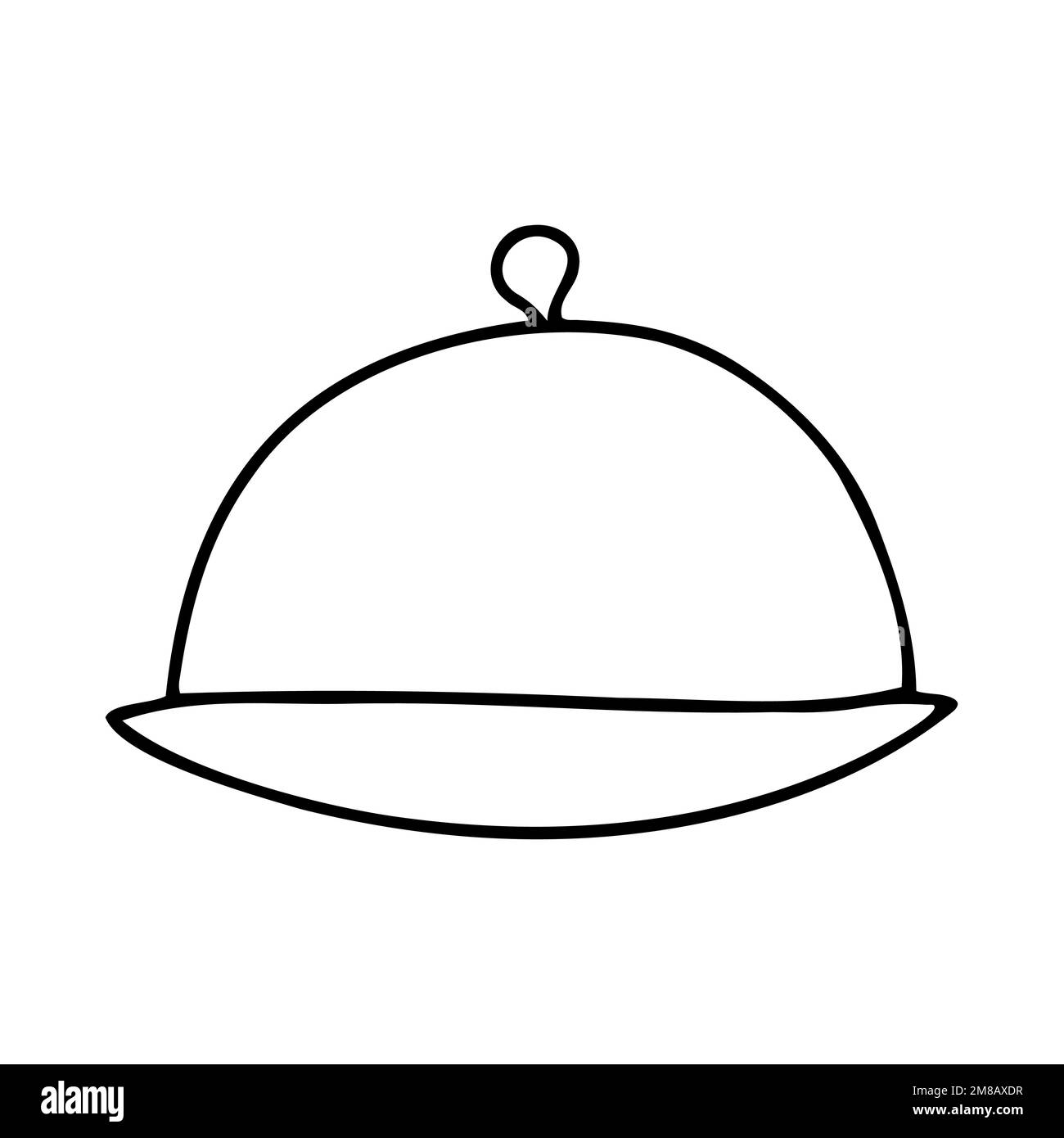 Piastra disegnata a mano Doodle con illustrazione del coperchio. Contorno piatto di copertura per alimenti piatto di chiusura con coperchio a cupola piatto di servizio isolato su sfondo bianco. Coz Illustrazione Vettoriale