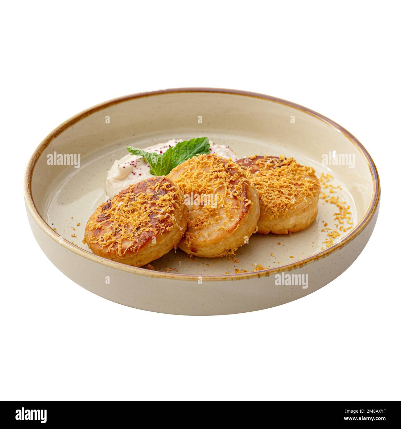 Porzione di frittelle russe sciroppi con crema Foto Stock