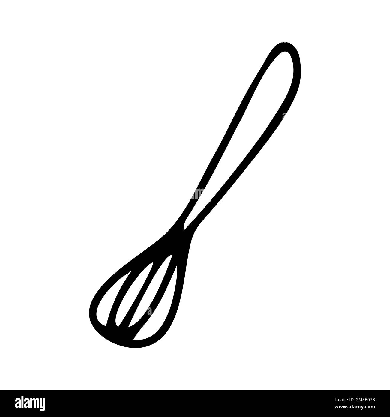 Frusta a base di doodle per cucinare i cibi. Corolla disegnata a mano isolata su sfondo bianco. Contorno simbolo cucina. Arnese accogliente, piatti per la frusta, piatti culinari Illustrazione Vettoriale