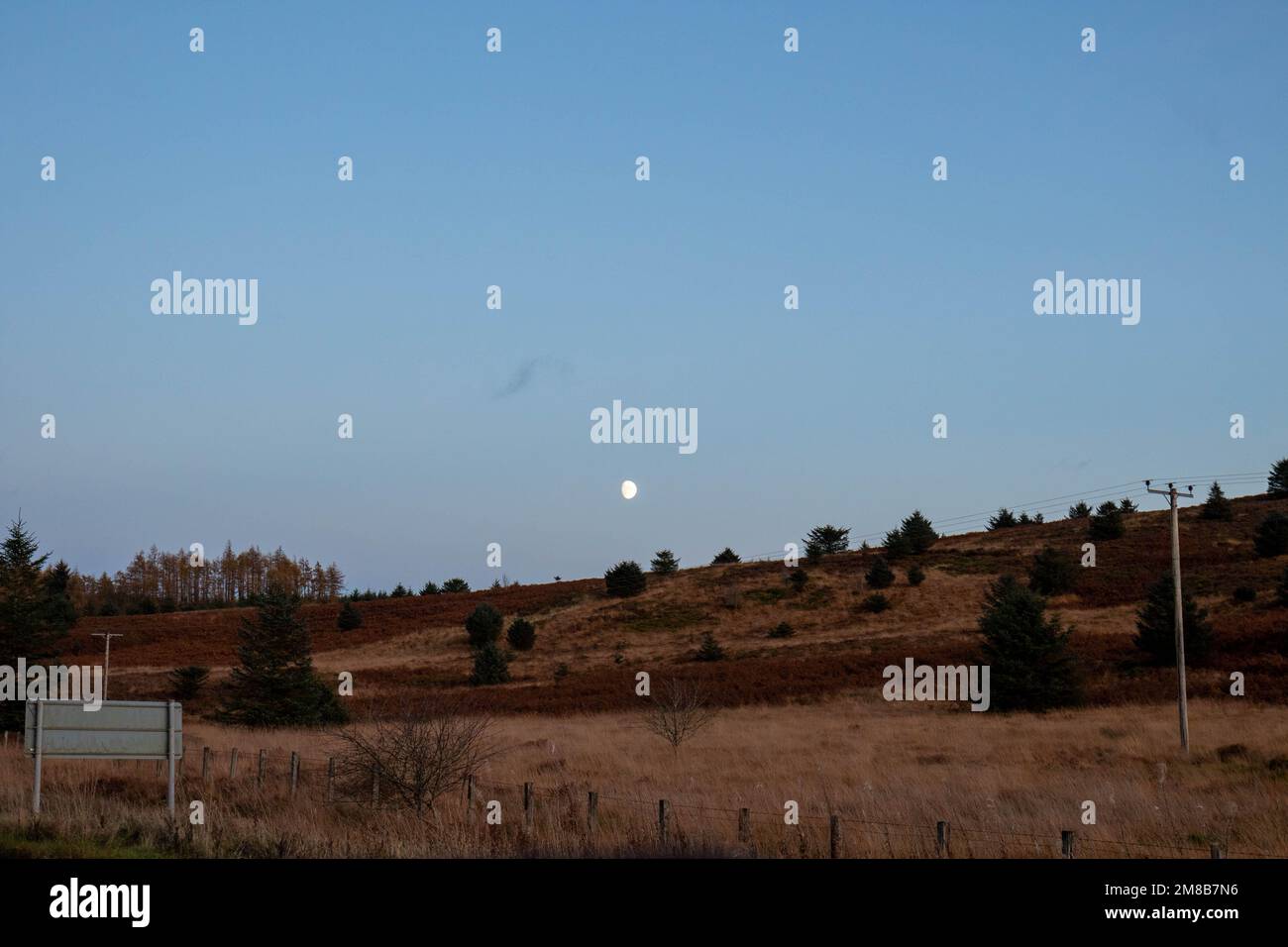 Luna incandescente sopra le colline al crepuscolo a Kielder Foto Stock