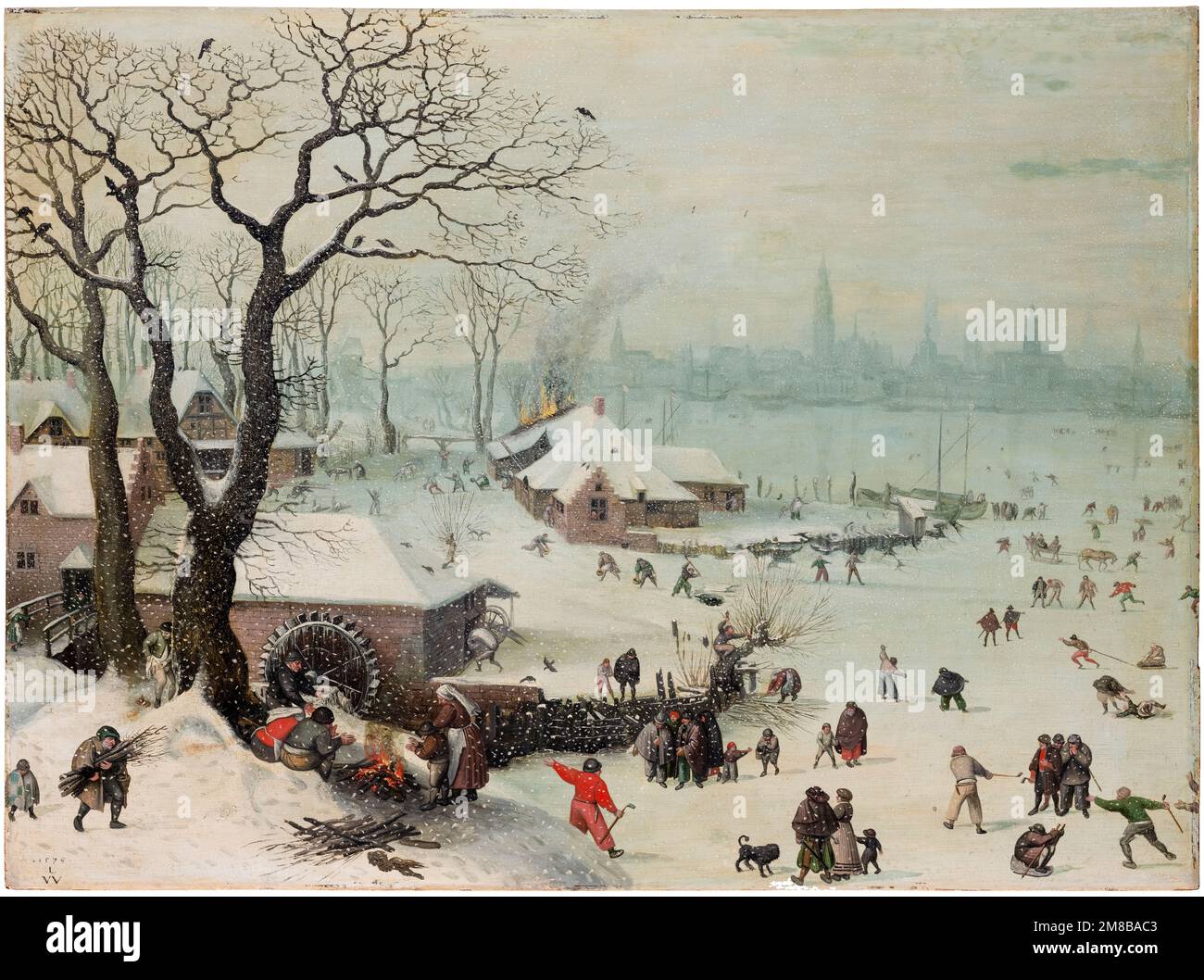 Lucas van Valckenborch pittura, Paesaggio invernale con nevicate nei pressi di Anversa, mezzi misti su tavola, 1575 Foto Stock