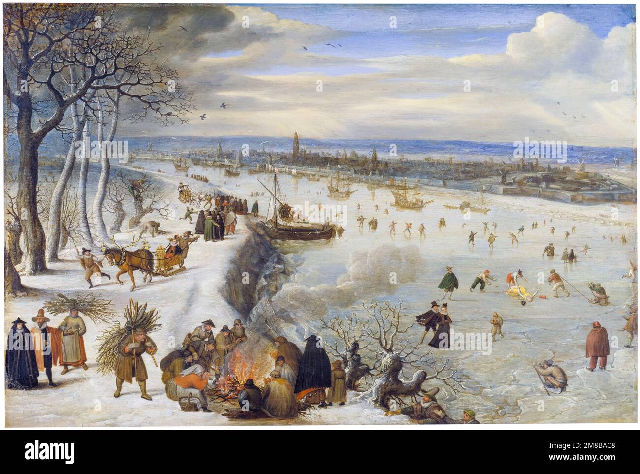 Lucas van Valckenborch, Vista di Anversa con Scheldt congelato, pittura di paesaggio in olio su pannello, 1593 Foto Stock