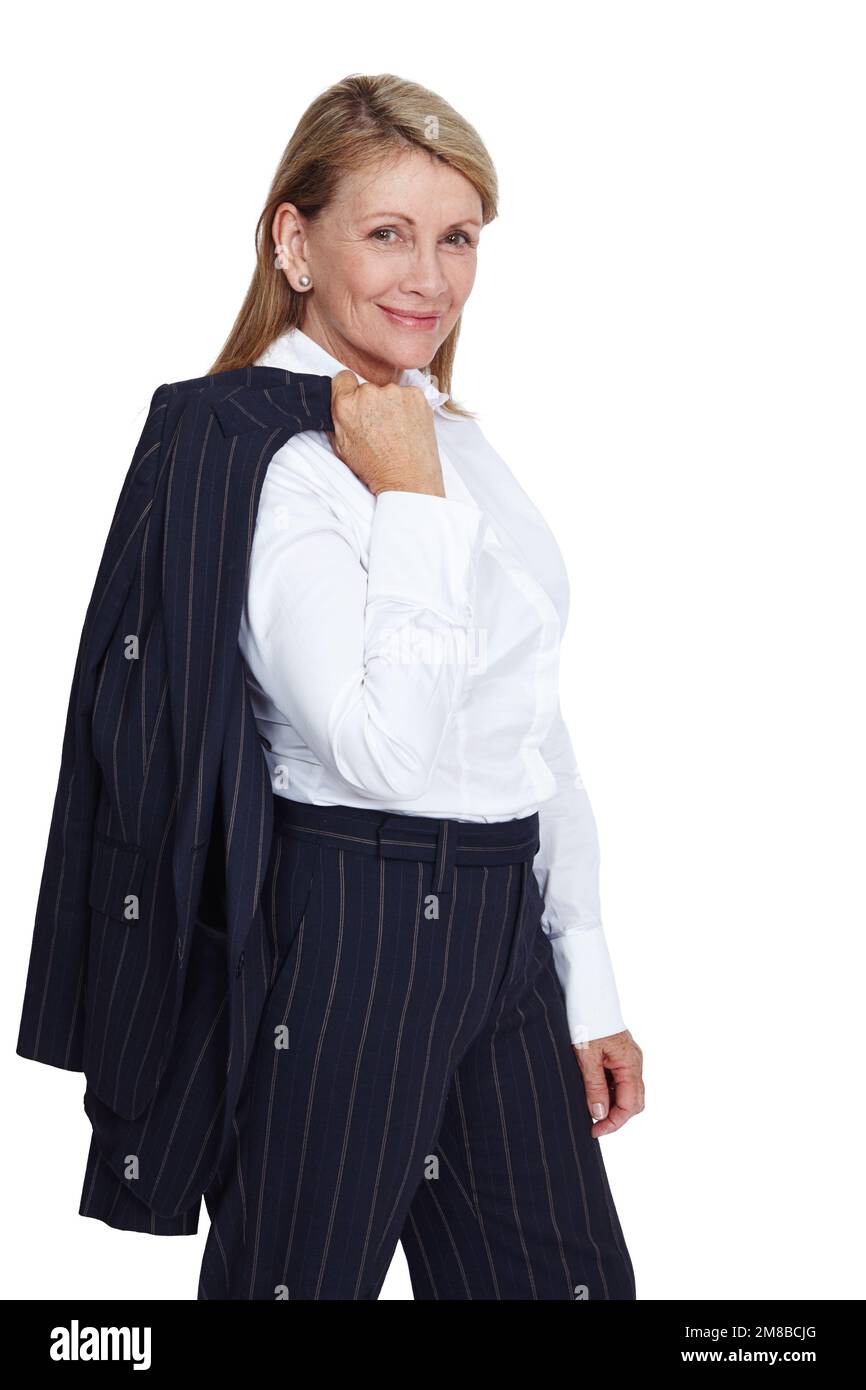 CEO, manager e ritratto di una donna d'affari che si pone in modo elegante, elegante e aziendale con sorriso. Professionale abbigliamento di affari di sicuro e. Foto Stock