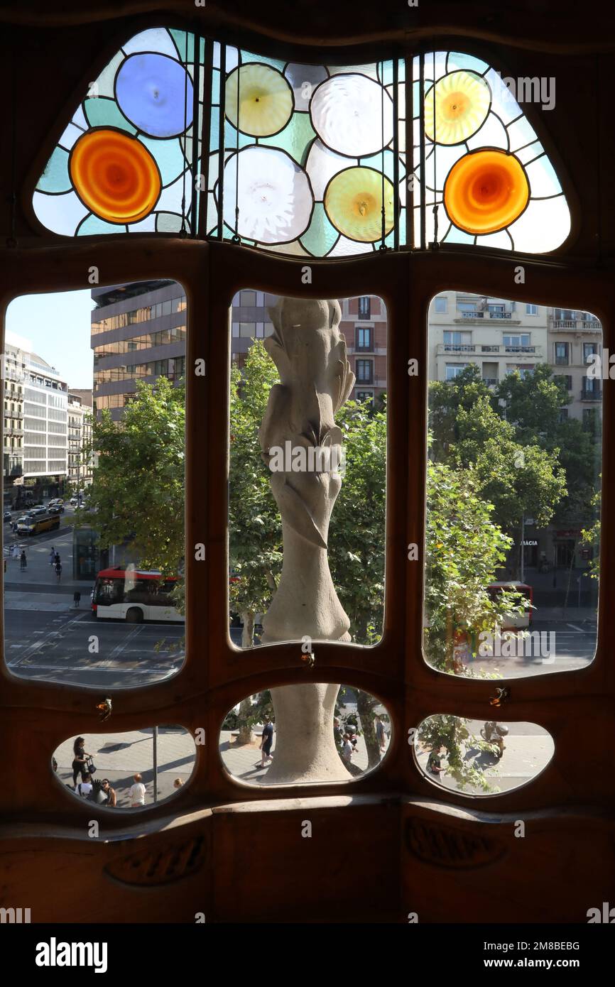 Finestra di Casa Batllo di Gaudi a Barcellona, Spagna Foto Stock