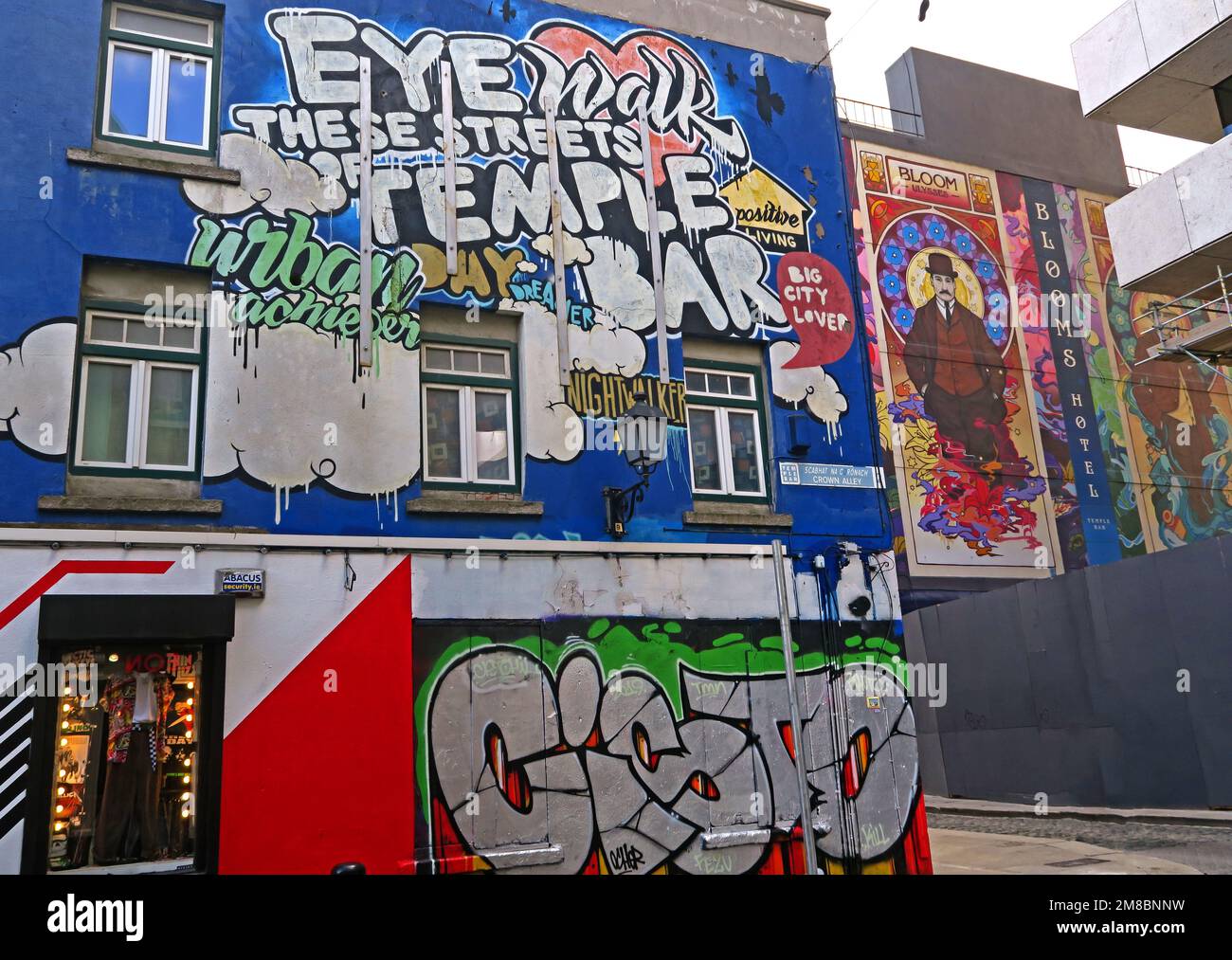 Crown Alley Temple Bar, Dublino, Irlanda, graffiti, Occhio a piedi queste strade, amante della Big City Foto Stock