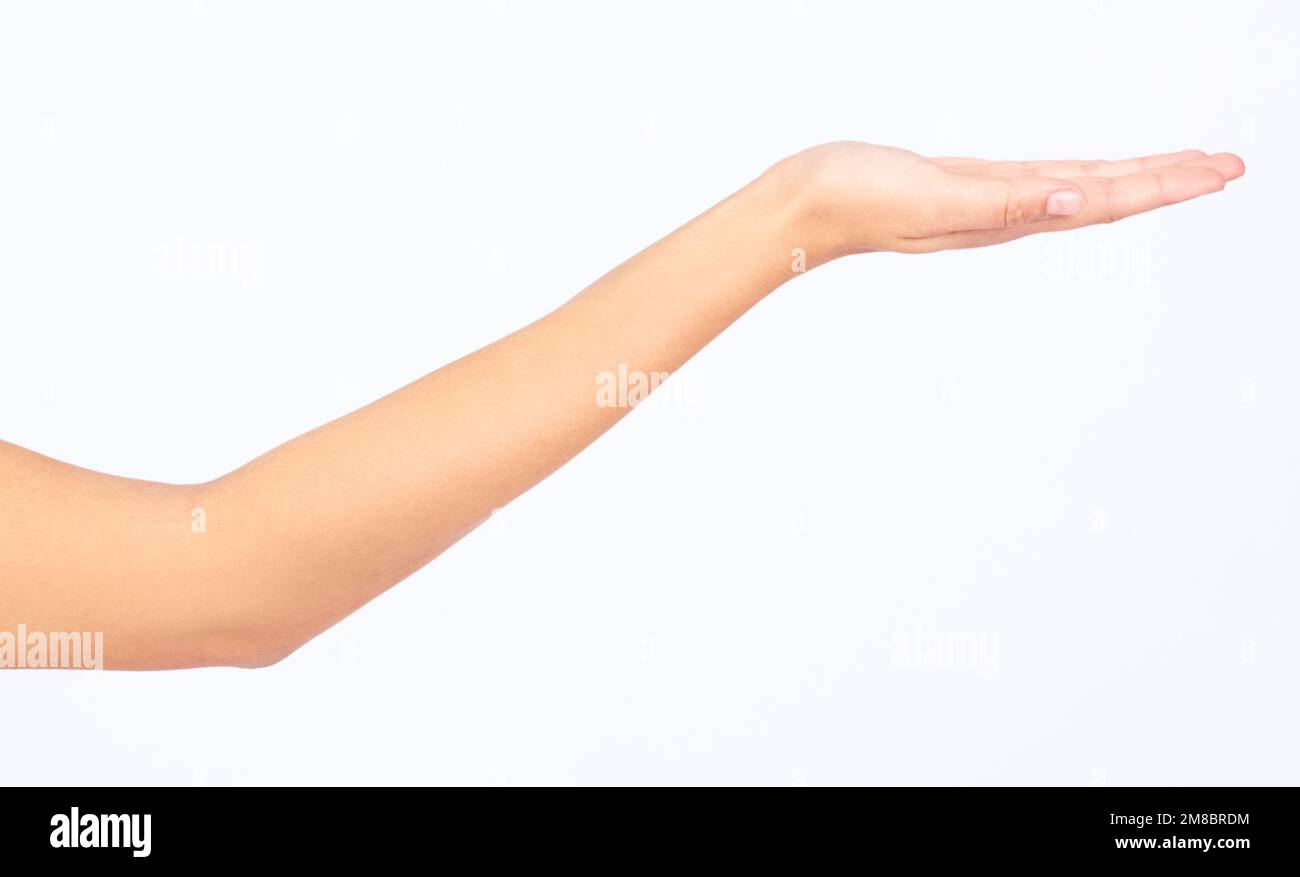 Modello, mano o palmo per lo spazio di vendita sulla mock pubblicità in su, mockup di disposizione del prodotto o sfondo dello studio. Donna, gesto della mano o mostra Foto Stock