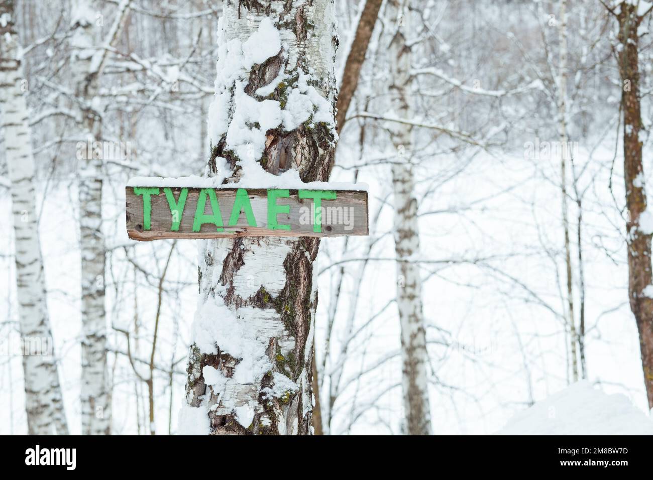 Un cartello, un puntatore per un gabinetto sulla strada, in lettere russe: Tyalet Foto Stock