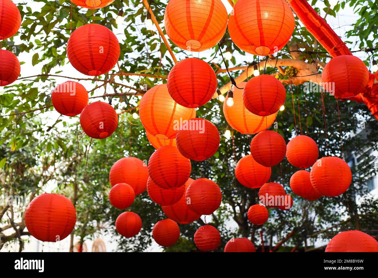 Molte lanterne rosse appese in Vietnam per il nuovo anno lunare del Tet Foto Stock