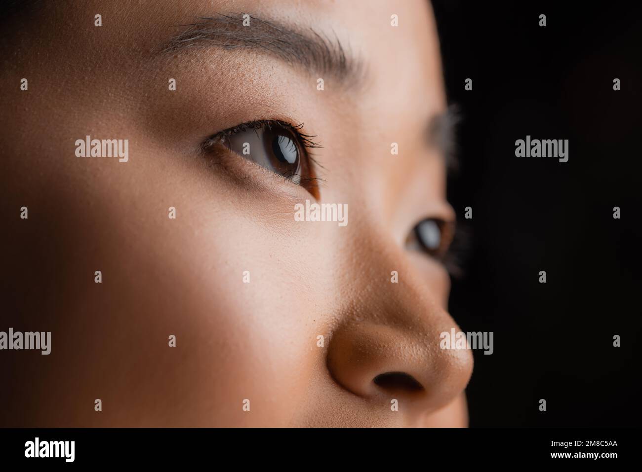 Vista ritagliata della donna asiatica con il trucco tenendo l'applicatore  mascara isolato su marrone, immagine stock Foto stock - Alamy