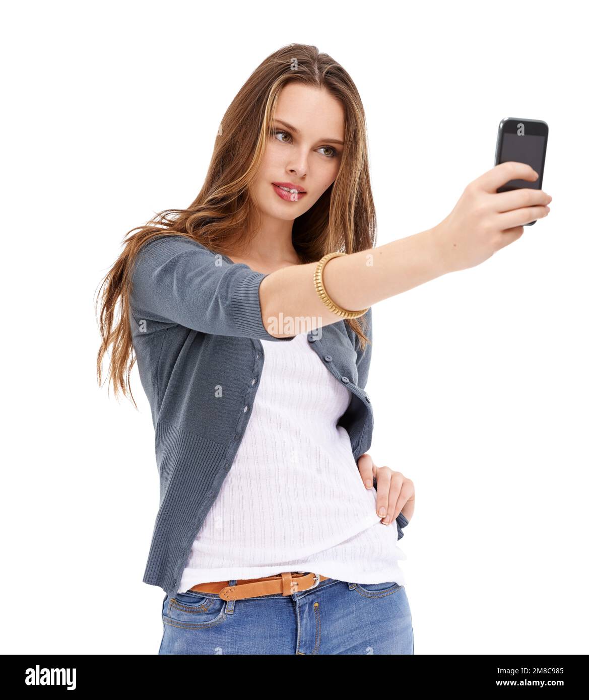 Smartphone digitale, selfie da studio e donna con immagine in memoria per  cellulare per app di social media, siti Web online o social network. Utente  tecnico mobile Foto stock - Alamy
