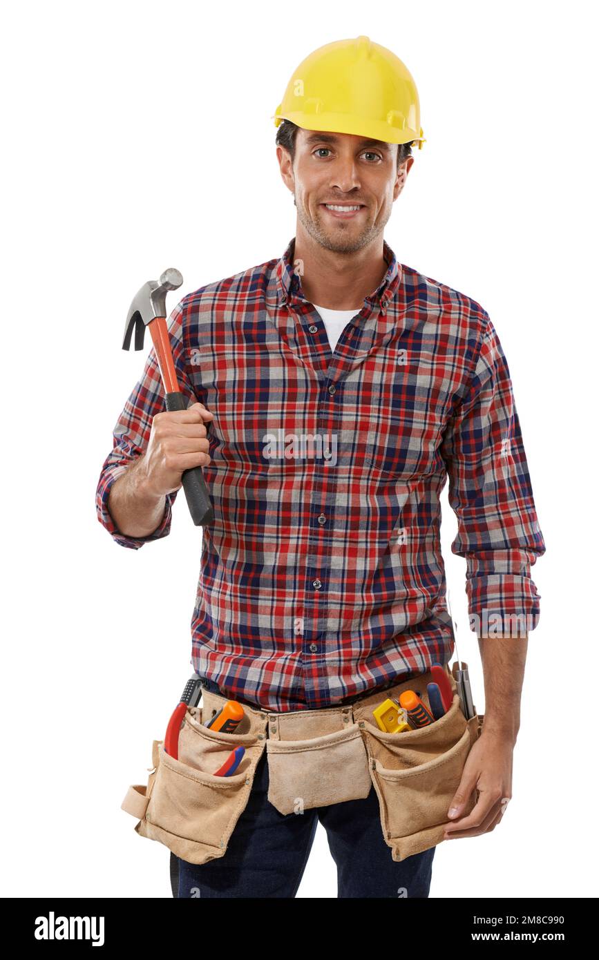 Handyman, ritratto e uomo cantiere con martello, costruzione e dipendente con casco per la sicurezza. Manutenzione, utensili e edilizia Foto Stock