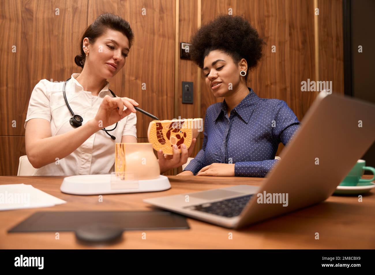 Ragazza afro-americana che guarda il campione di pavimento pelvico Foto Stock
