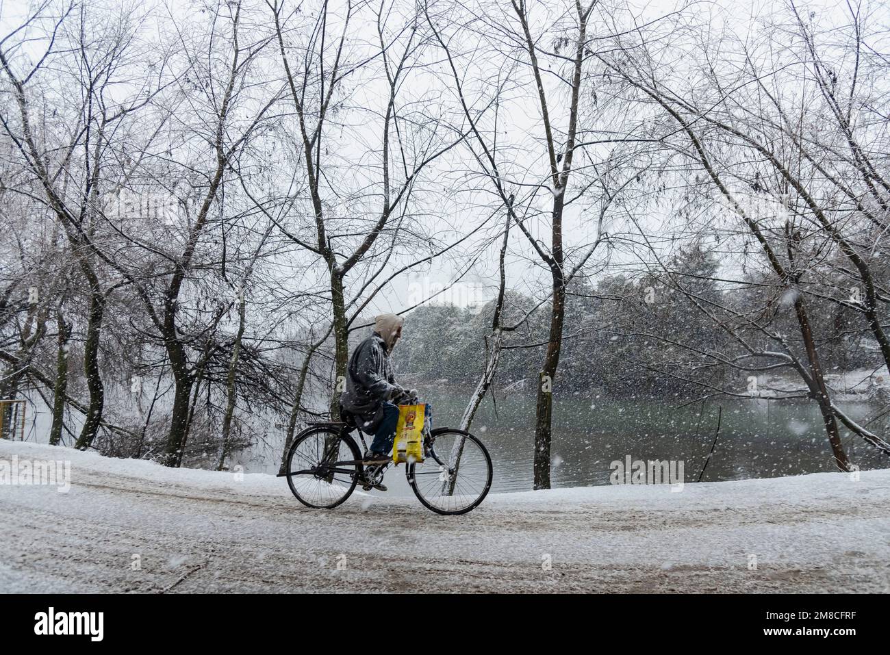 Un uomo guida una bicicletta lungo una strada innevata durante le nevicate. Il Kashmir ha ricevuto nevicate fresche, con le cali più alte della valle che hanno ricevuto nevicate da moderate a pesanti e nevicate da leggere a moderate in pianura, causando una visibilità distruttiva. Questo ha influito sulle operazioni di volo insieme alla chiusura dell'autostrada nazionale Srinagar-Jammu. Foto Stock