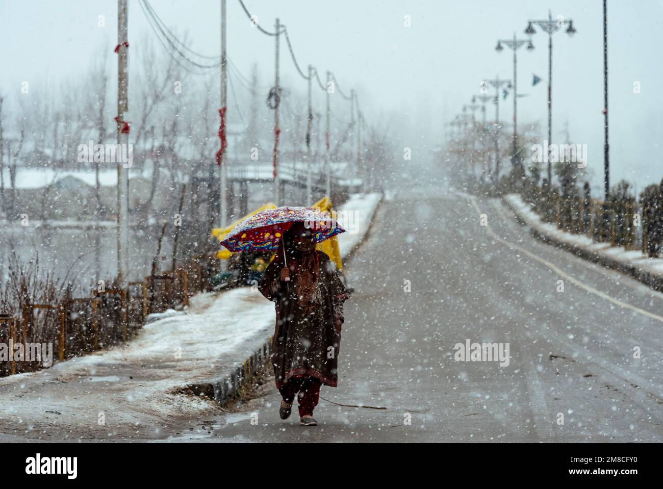 Una donna con un ombrello cammina lungo una strada innevata durante le nevicate. Il Kashmir ha ricevuto nevicate fresche, con le cali più alte della valle che hanno ricevuto nevicate da moderate a pesanti e nevicate da leggere a moderate in pianura, causando una visibilità distruttiva. Questo ha influito sulle operazioni di volo insieme alla chiusura dell'autostrada nazionale Srinagar-Jammu. Foto Stock