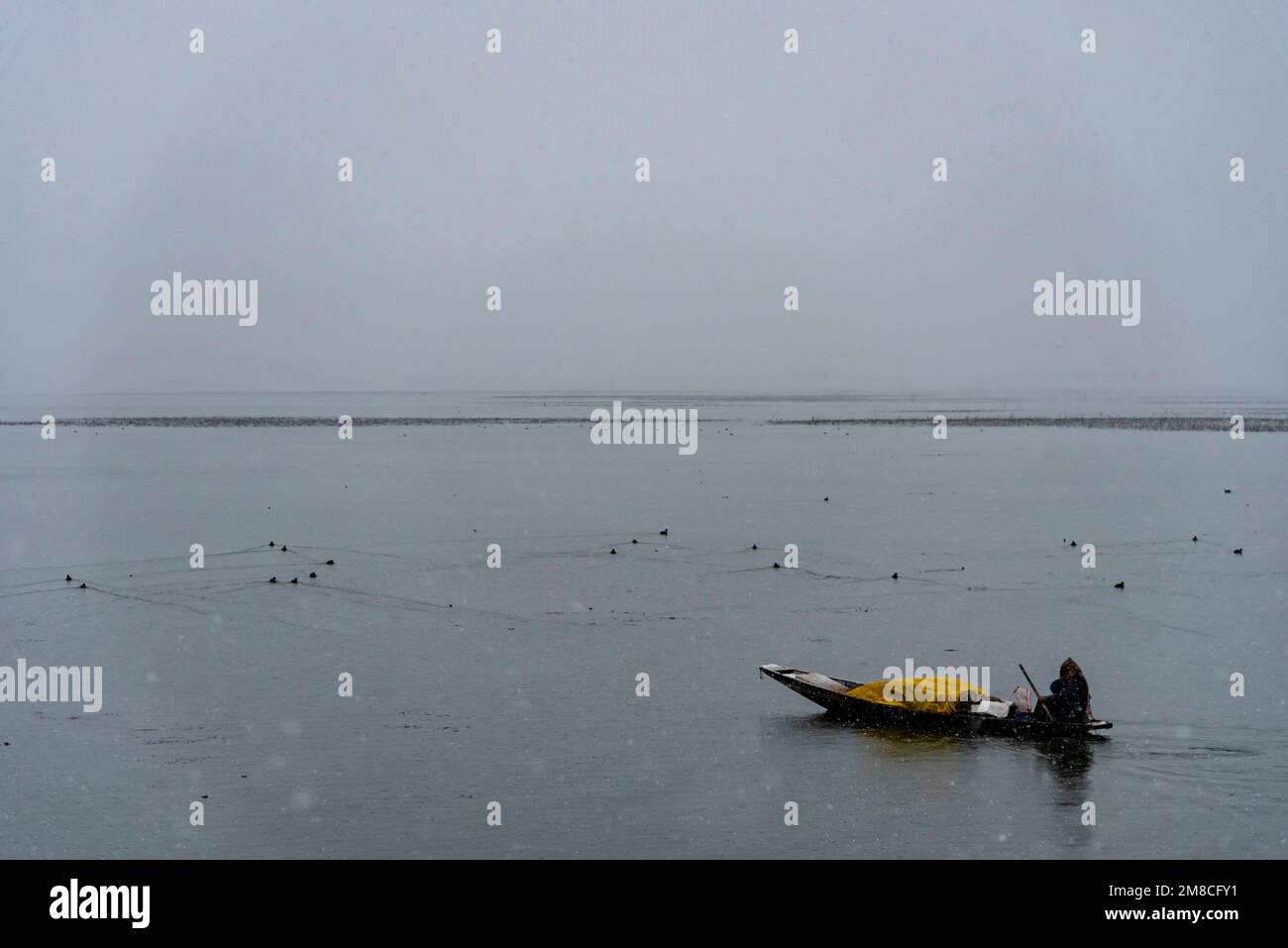 Un uomo rema la sua barca sul lago dal in mezzo a nevicate. Il Kashmir ha ricevuto nevicate fresche, con le cali più alte della valle che hanno ricevuto nevicate da moderate a pesanti e nevicate da leggere a moderate in pianura, causando una visibilità distruttiva. Questo ha influito sulle operazioni di volo insieme alla chiusura dell'autostrada nazionale Srinagar-Jammu. Foto Stock