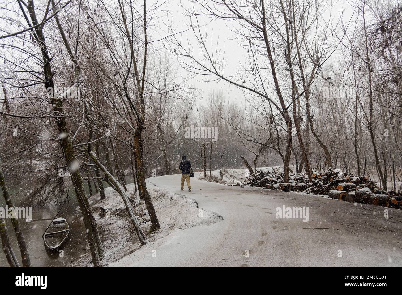 Un uomo cammina lungo una strada innevata durante le nevicate. Il Kashmir ha ricevuto nevicate fresche, con le cali più alte della valle che hanno ricevuto nevicate da moderate a pesanti e nevicate da leggere a moderate in pianura, causando una visibilità distruttiva. Questo ha influito sulle operazioni di volo insieme alla chiusura dell'autostrada nazionale Srinagar-Jammu. Foto Stock